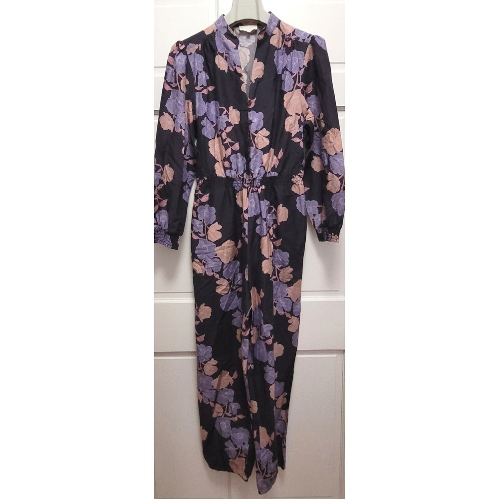 The Westside Cotton Silk Long Sleeve Elastic Ankle Jumpsuit‎ - Blue Floral - M